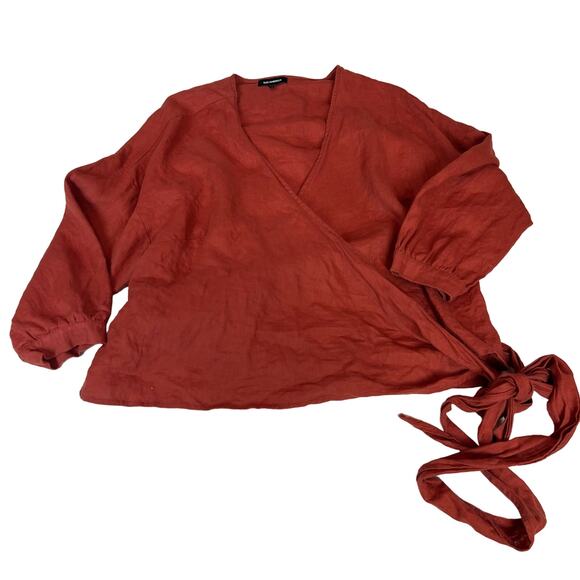 525 America 100% linen Wrap Tie V Neck blouse 3/4 sleeve Rust - Picture 1 of 5